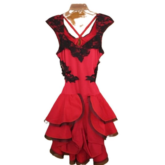 Red & Black Dance Costume Ballet No Tulle Open Back Size Adult S Child XL - Picture 1 of 7